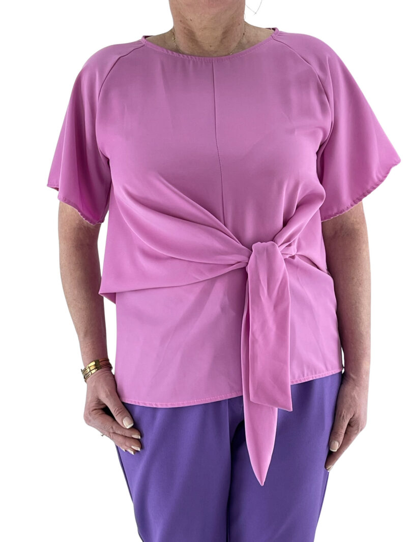 Μπλούζα γυναικεία με φιόγκο μονόχρωμη κωδ. V4743 μπροστινή όψη ροζ