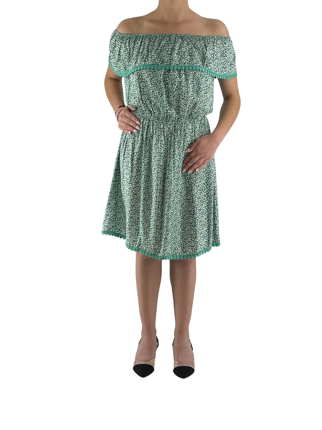Φόρεμα εμπριμέ κοντό με βολάν κωδ. 6536 μπροστινή όψη-πράσινο