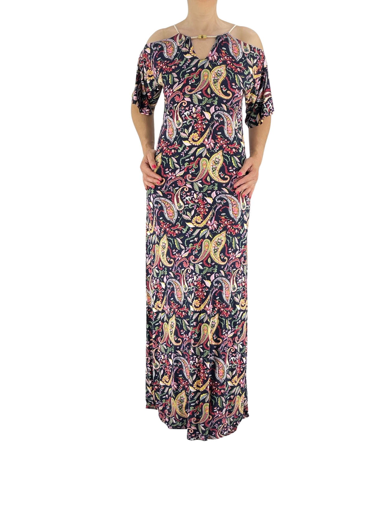 Printed dress with cord and off shoulders code 9392