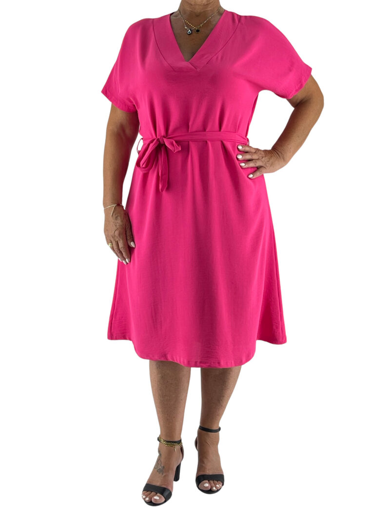 Solid color V dress with belt code 75236 front side
