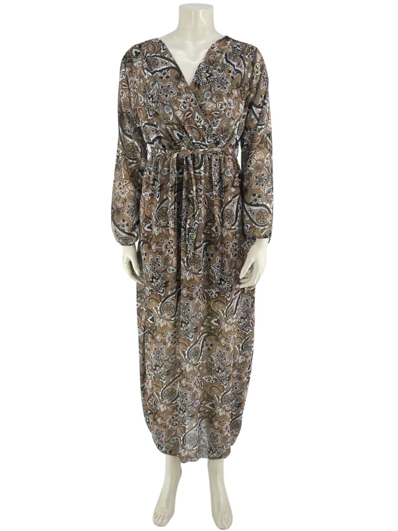 Φόρεμα εμπριμέ κρουαζέ με ζώνη κωδ. 45505 μπροστινή όψη-ταμπά