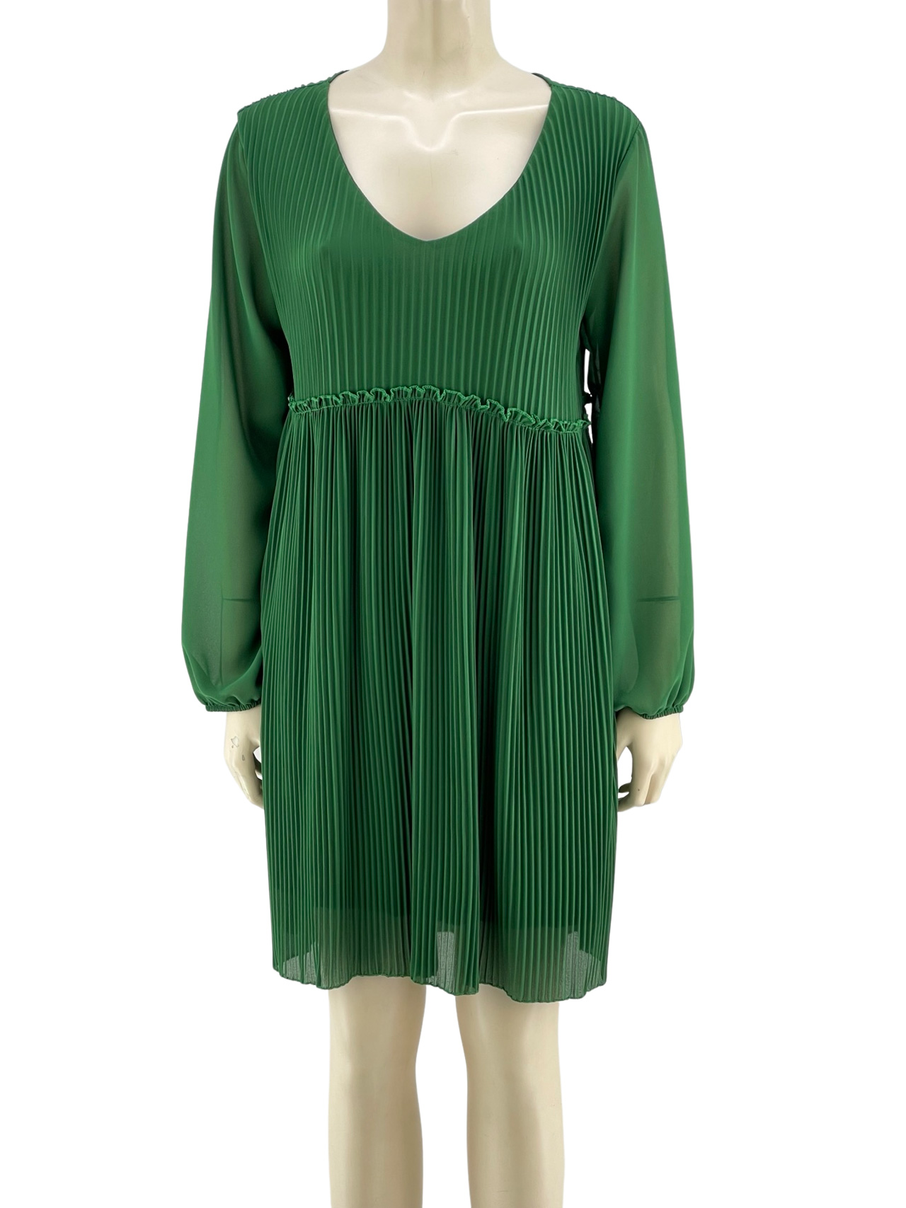 Φόρεμα V μονόχρωμο πλισέ κωδ. 10107 μπροστινή όψη- πράσινο