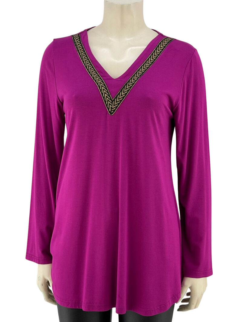 Μπλούζα βισκόζη V με τρέσα κωδ. SUG2006 μπροστινή όψη- μωβ