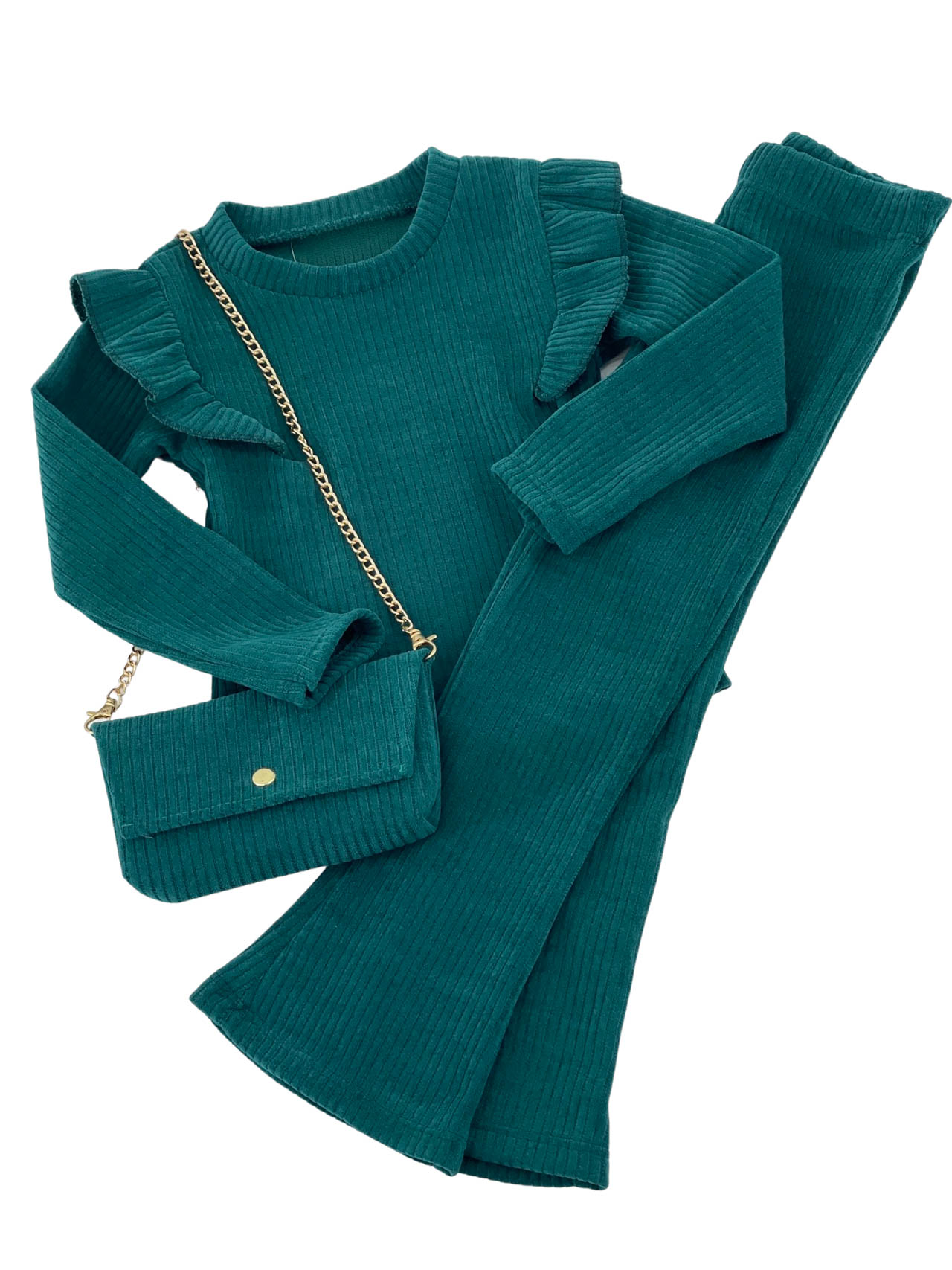 Σετ κορίτσι μπλούζα-παντελόνα καμπάνα κωδ. 1023- τρία τεμάχια- πράσινο