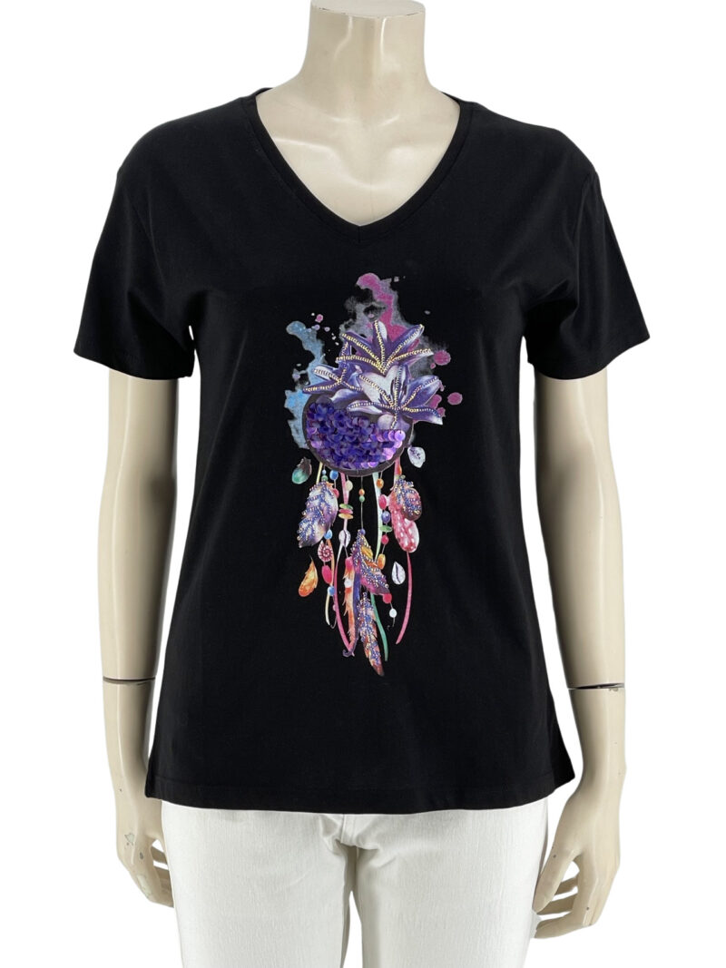 Μπλούζα γυναικεία V με στάμπα κωδ. 200420 μπροστινή όψη- μαύρο