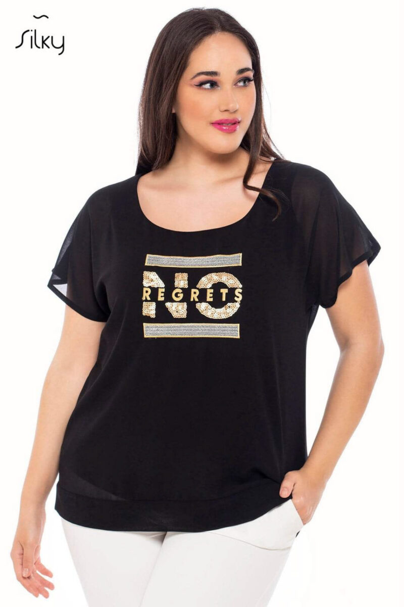 Μπλούζα γυναικεία μονόχρωμη με τύπωμα παγιέτες κωδ. S9910 μπροστινή όψη- μαύρο