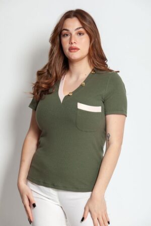 Μπλούζα casual V ριπ με κουμπιά και τσέπη κωδ. 4538735 μπροστινή όψη- χακί