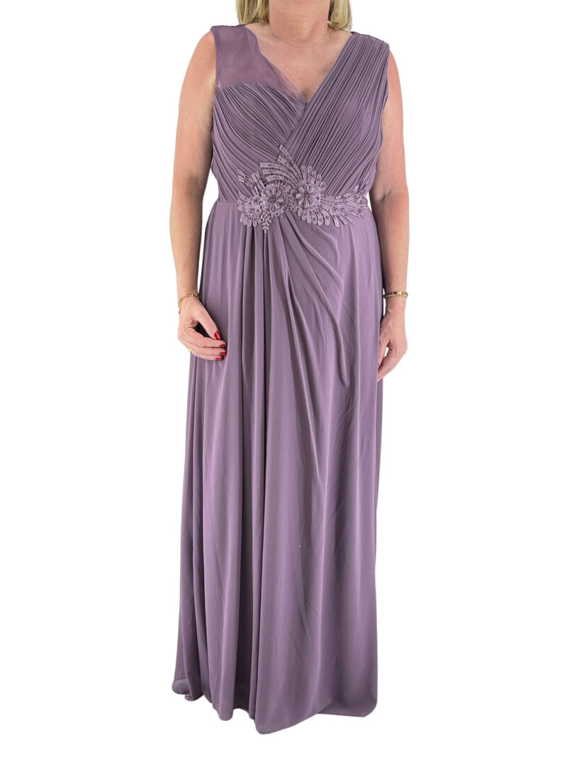 Φόρεμα maxi αμάνικο με κέντημα στο μπούστο κωδ. 6450 μπροστινή όψη- μωβ