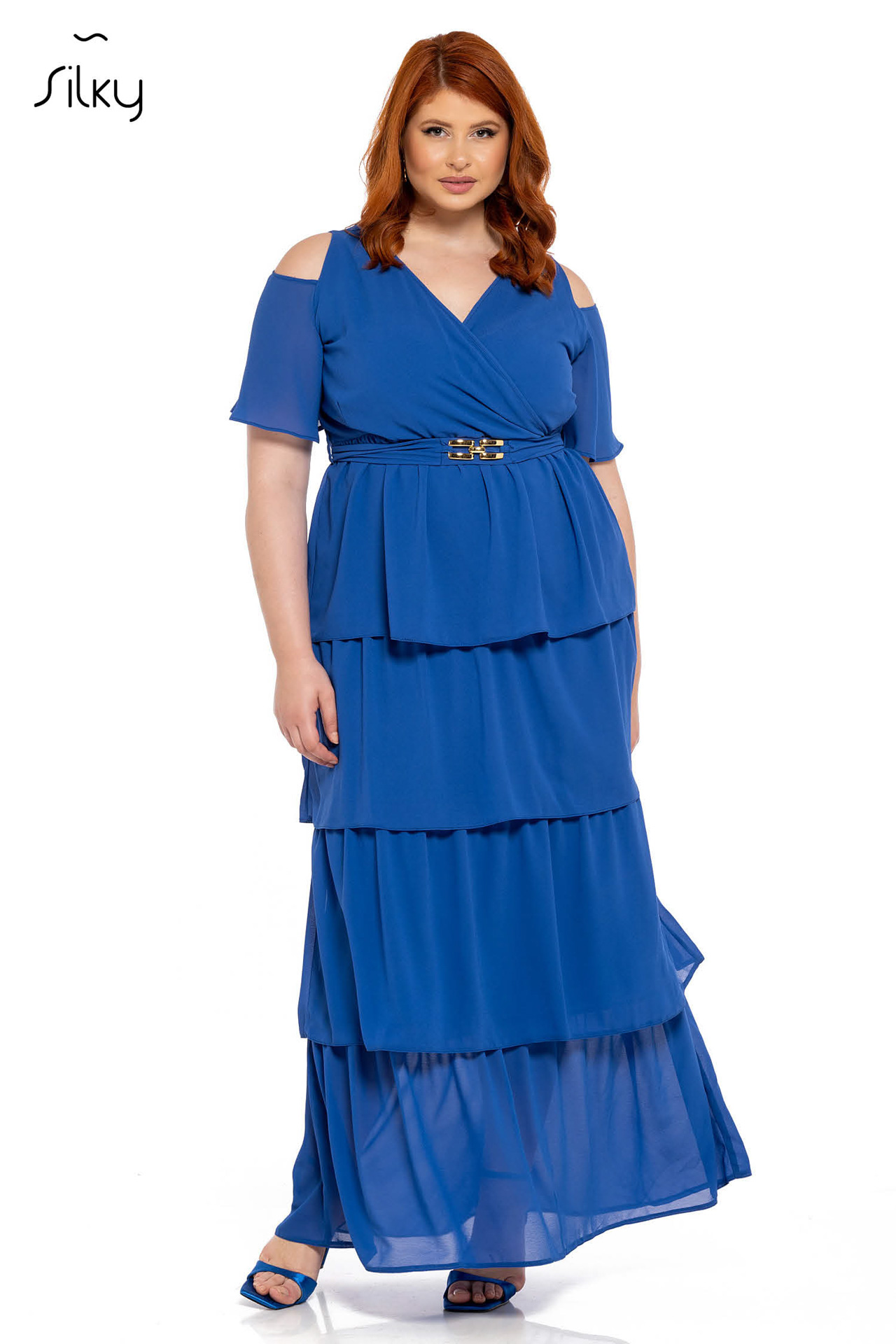 Φόρεμα μονόχρωμο maxi με βολάν ζορζέτα κωδ. S10005 μπροστινή όψη