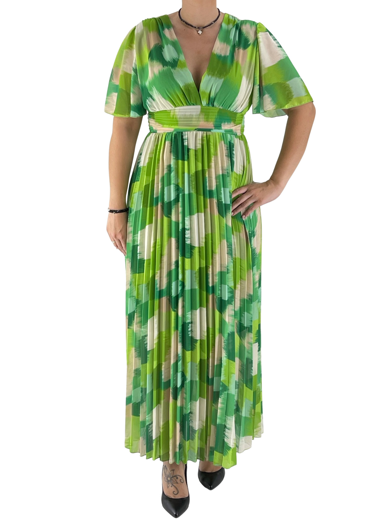 Φόρεμα εμπριμέ πλισέ κωδ. 10199 μπροστινή όψη- πράσινο