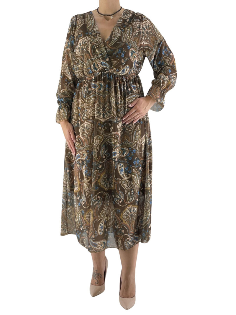 Φόρεμα εμπριμέ κρουαζέ με μακρύ μανίκι κωδ. 2739 μπροστινή όψη- ταμπά