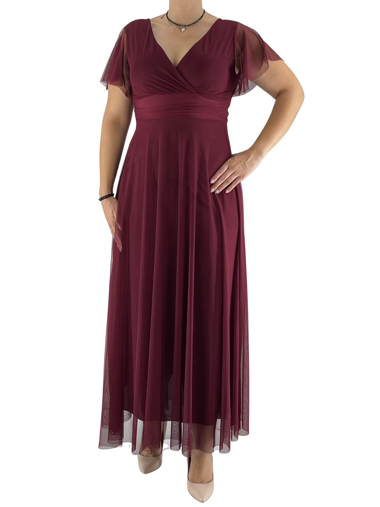 Φόρεμα maxi μονόχρωμο με τούλι κωδ. 3589 μπροστινή όψη- μπορντό