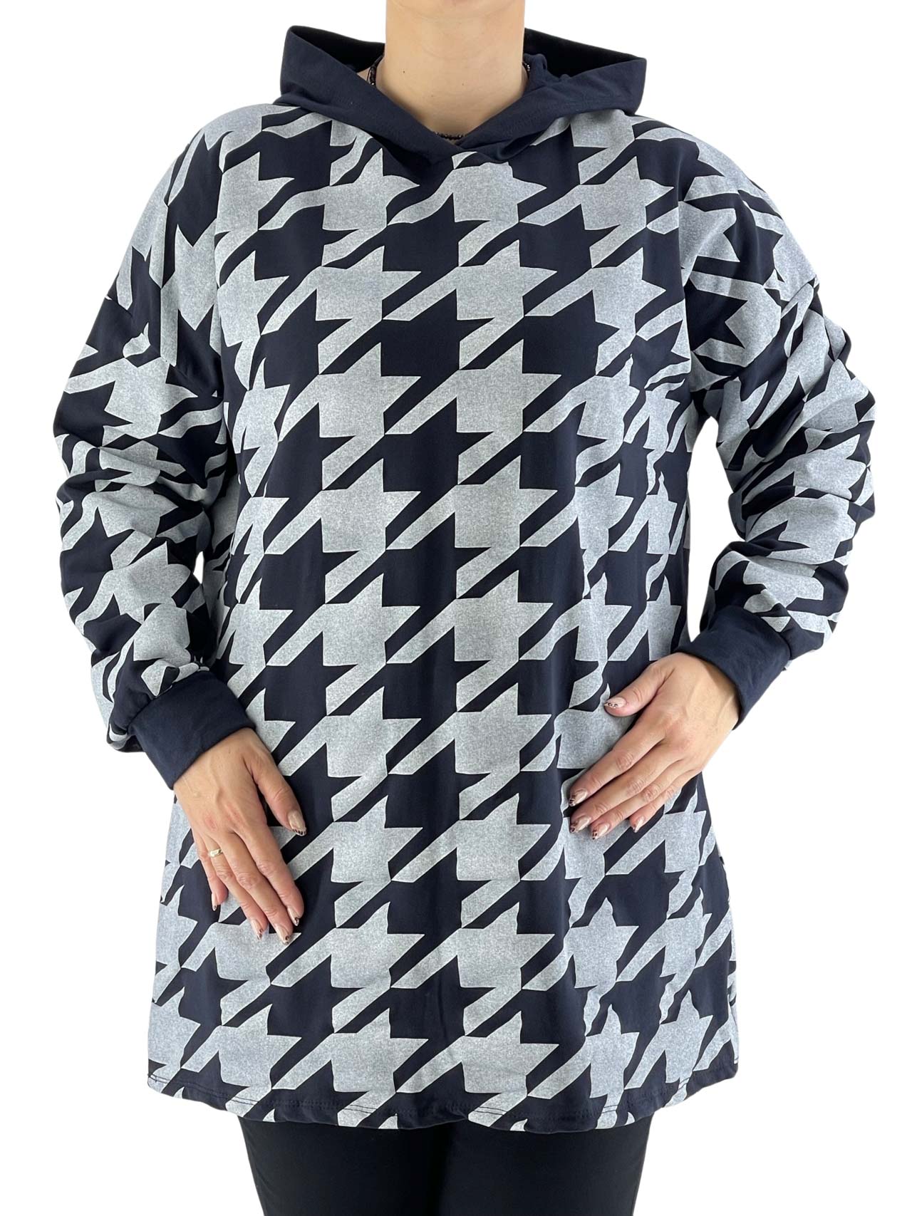 Μπλούζα φούτερ με κουκούλα και μοτίβο κωδ. 81851 μπροστινή όψη- μπλε