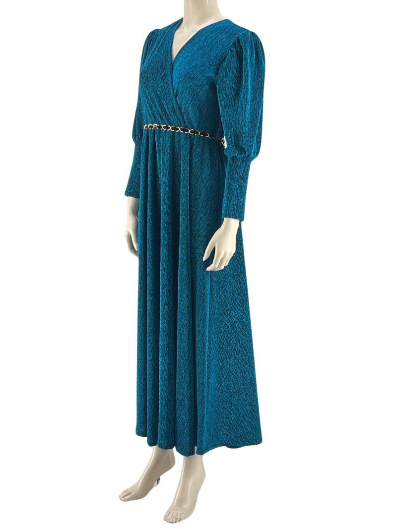 Φόρεμα λούρεξ κρουαζέ με αλυσίδα ζώνη κωδ. 5147 πλαϊνή όψη- τιρκουάζ