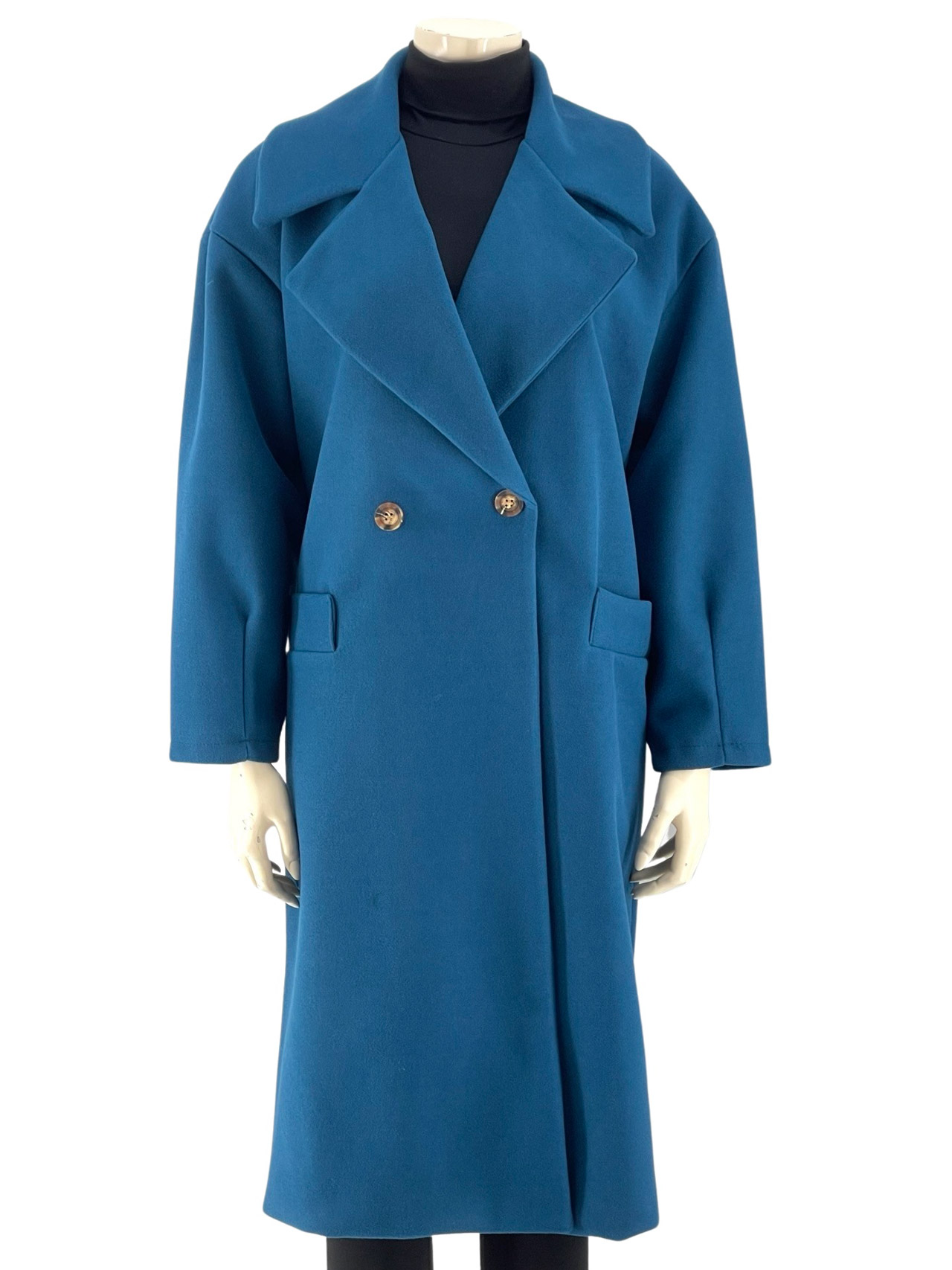 Παλτό γυναικείο με πέτο γιακά midi κωδ. 10820 μπροστινή όψη- πετρόλ
