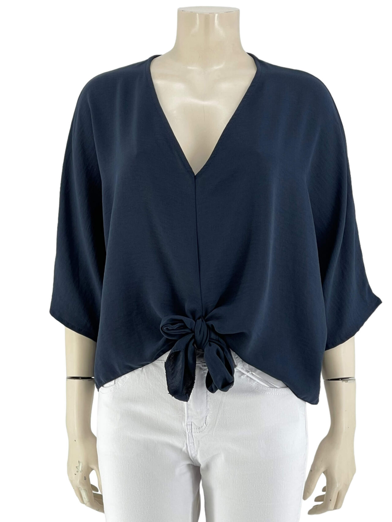 Μπλούζα μονόχρωμη V με δέσιμο μπροστά-μαύρο