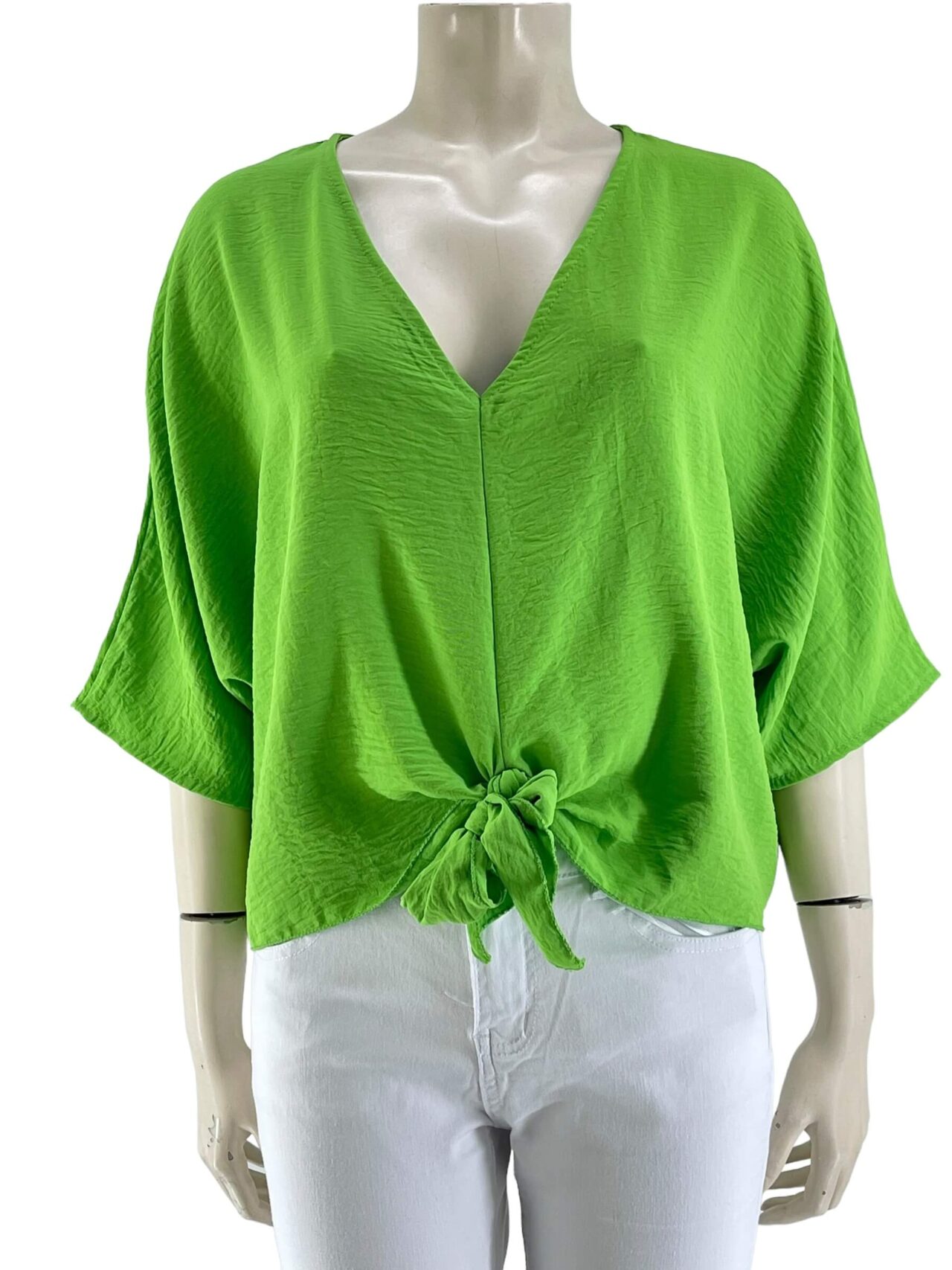 Μπλούζα μονόχρωμη V με δέσιμο μπροστά-λαχανί