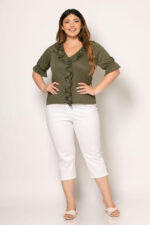Μπλούζα γυναικεία μονόχρωμη με βολάν-χακί