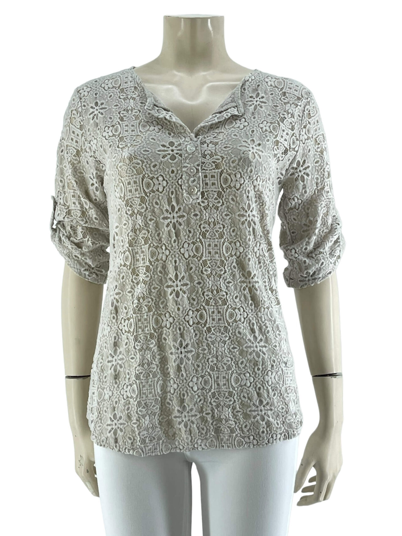 Μπλούζα δαντέλα V ασύμμετρη-μπεζ