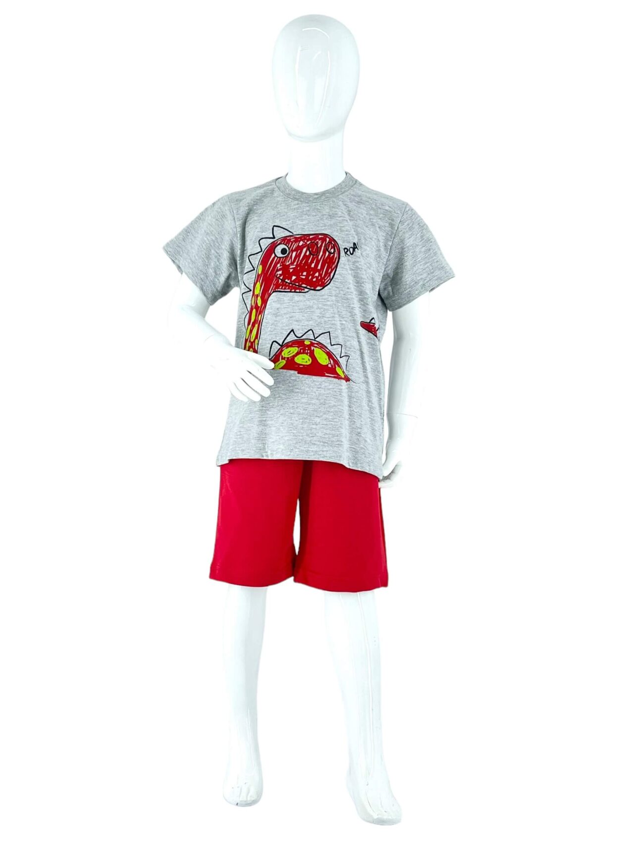 Σετ αγόρι βαμβακερό μπλούζα με στάμπα και βερμούδα με λάστιχο στην μέση- γκρι-κόκκινο