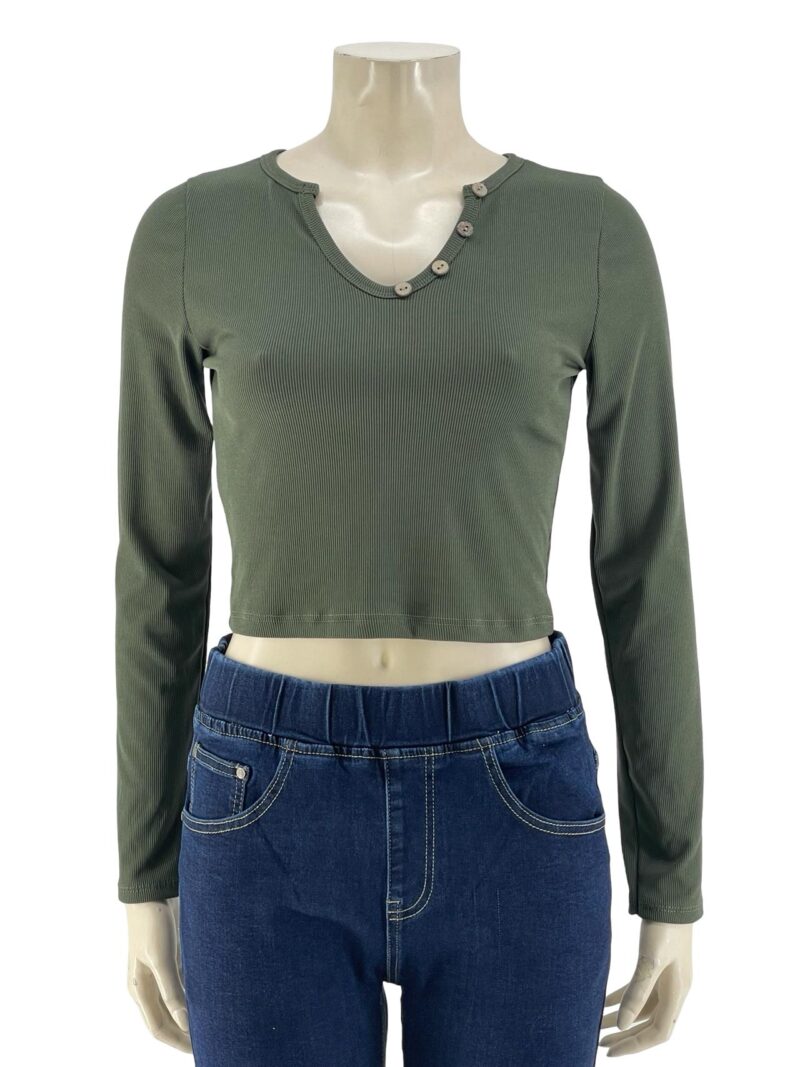 Μπλουζάκι crop top ριπ V με διακοσμητικά κουμπάκια κωδ. 19016 χακί