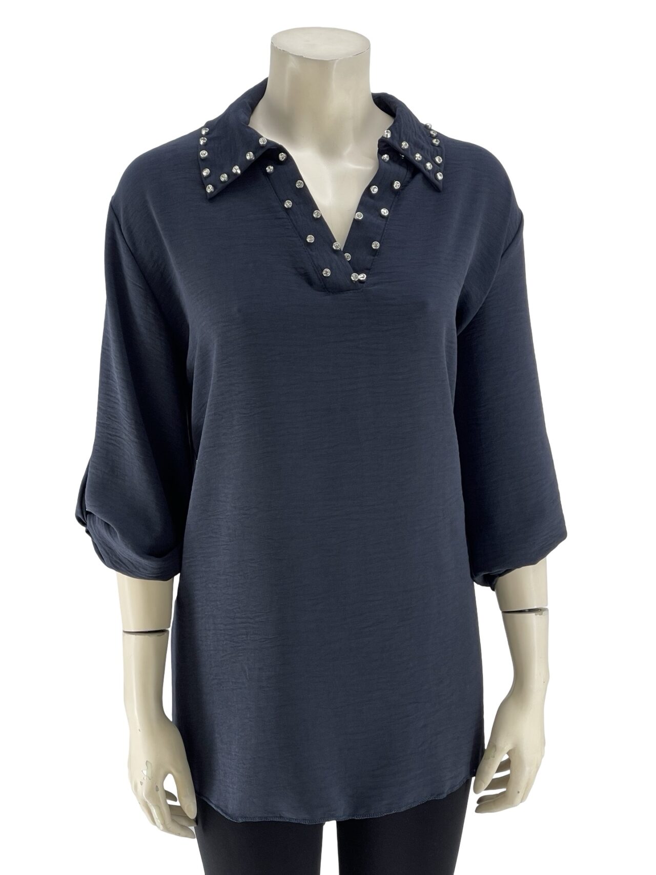 Μπλούζα μονόχρωμη με πέτο γιακά και στρας κωδ. 200426 μπλε