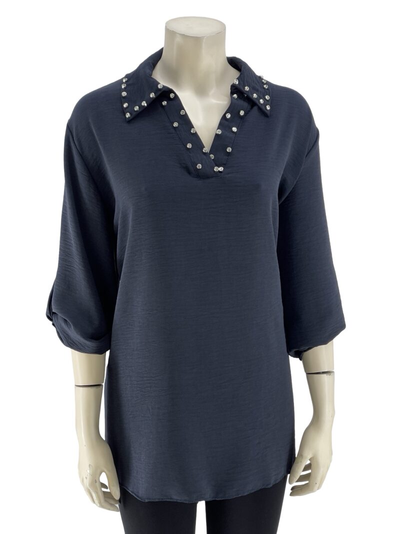 Μπλούζα μονόχρωμη με πέτο γιακά και στρας κωδ. 200426 μπλε