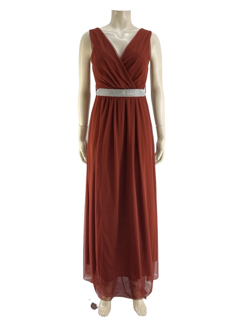 Φόρεμα αμάνικο κρουαζέ τούλι με ζώνη στρας κωδ. 35980 εκάι