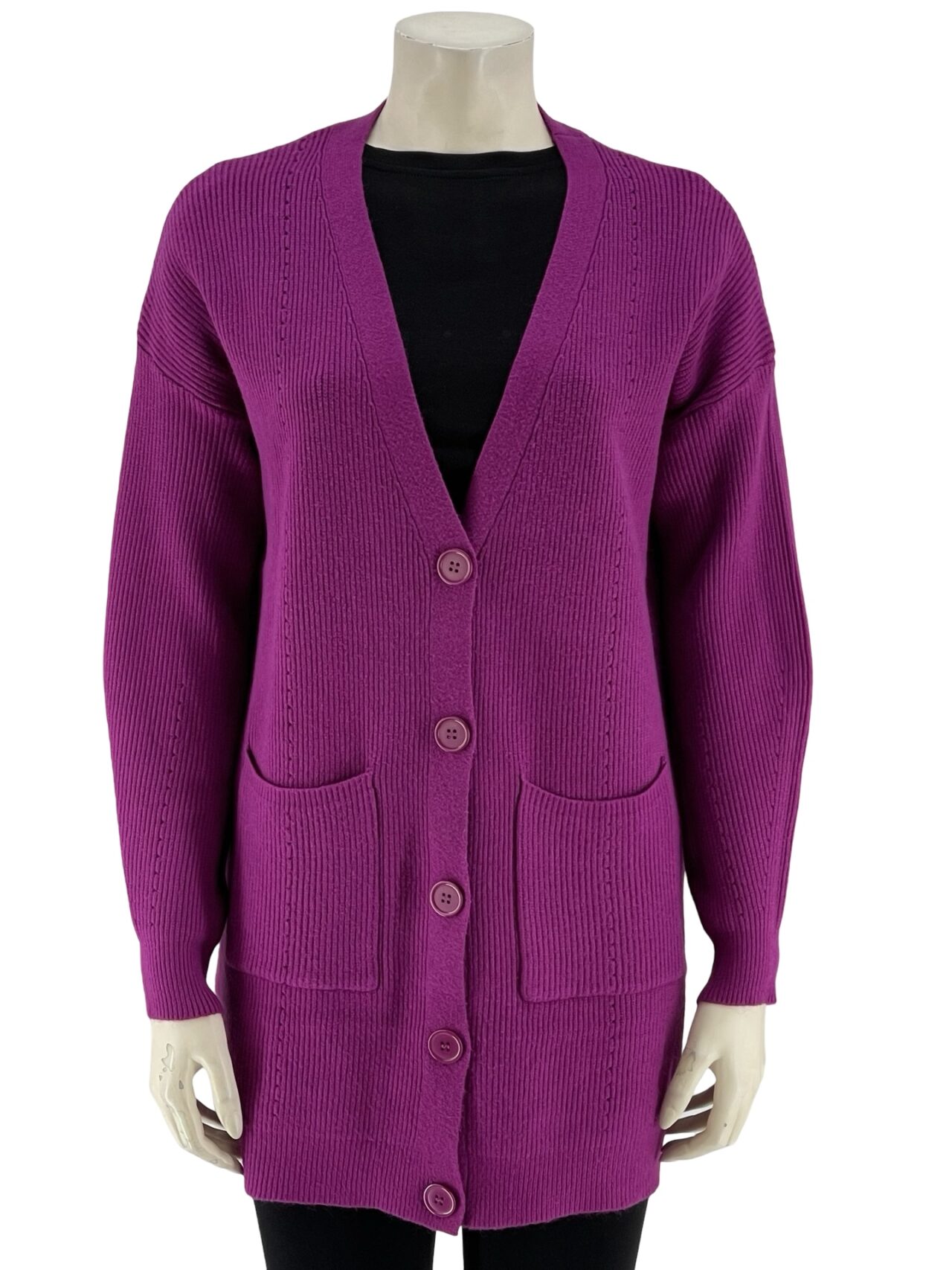 Ζακέτα πλεκτή μακριά μονόχρωμη V με τσέπες κωδ. B1181 ματζέντα