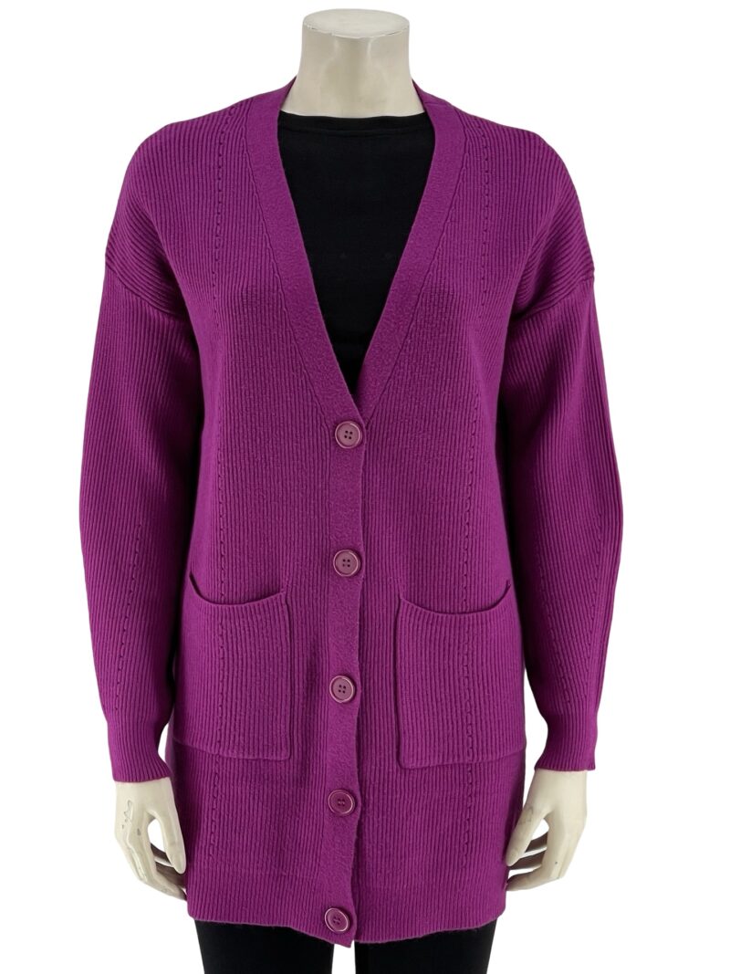 Ζακέτα πλεκτή μακριά μονόχρωμη V με τσέπες κωδ. B1181 ματζέντα