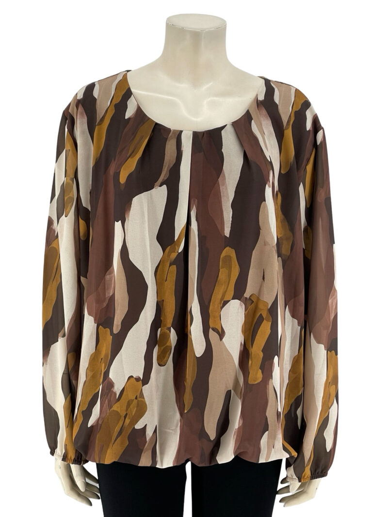 Μπλούζα εμπριμέ ζορζέτα με balloon τελείωμα κωδ. 165500 καφέ-μουσταρδί