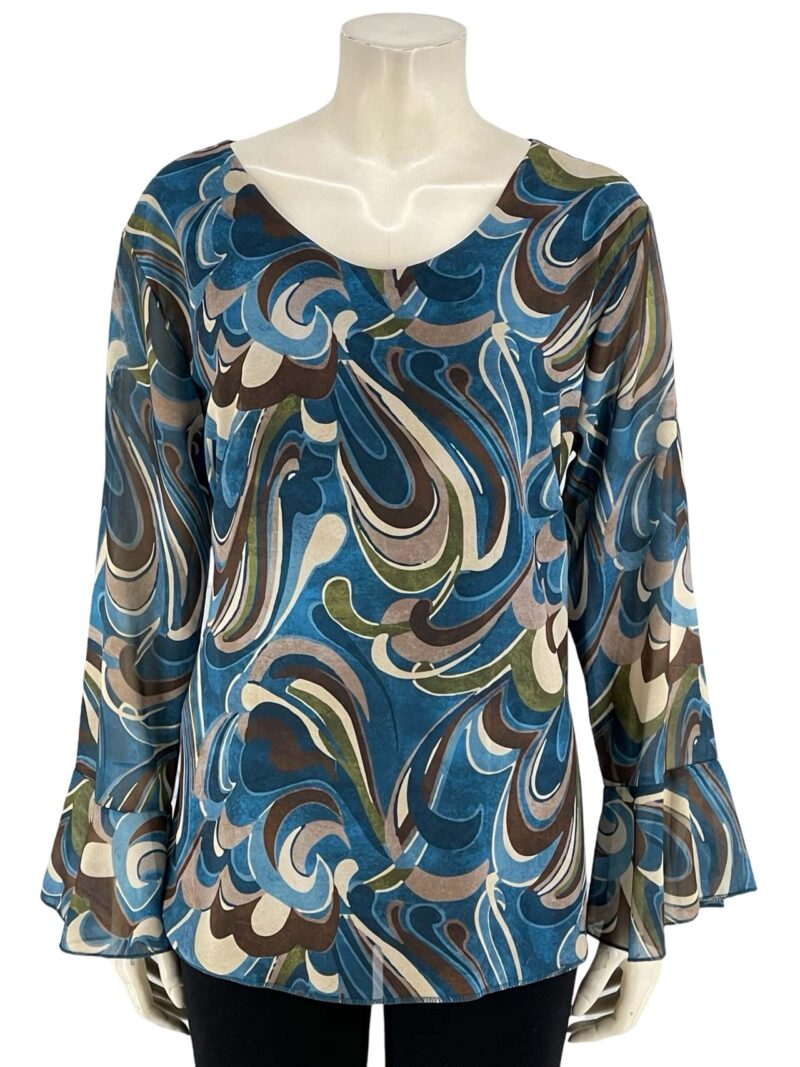 Μπλούζα εμπριμέ ζορζέτα με καμπάνα μανίκια-πετρόλ