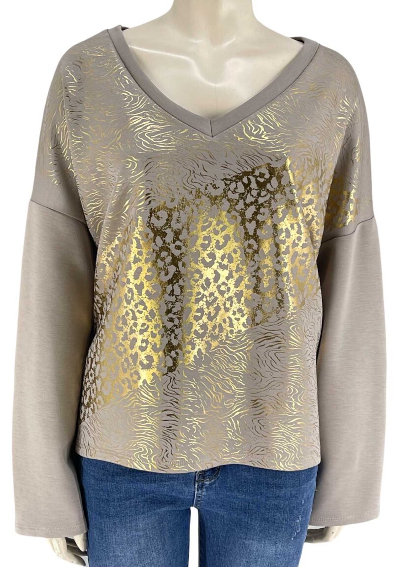 Μπλούζα γυναικεία V με χρυσό τύπωμα oversized-πούρο