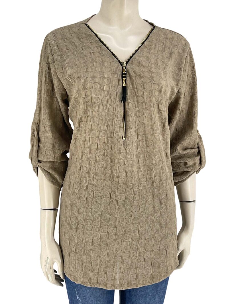 Μπλούζα μονόχρωμη V με φερμουάρ και γυριστό μανίκι-ταμπά