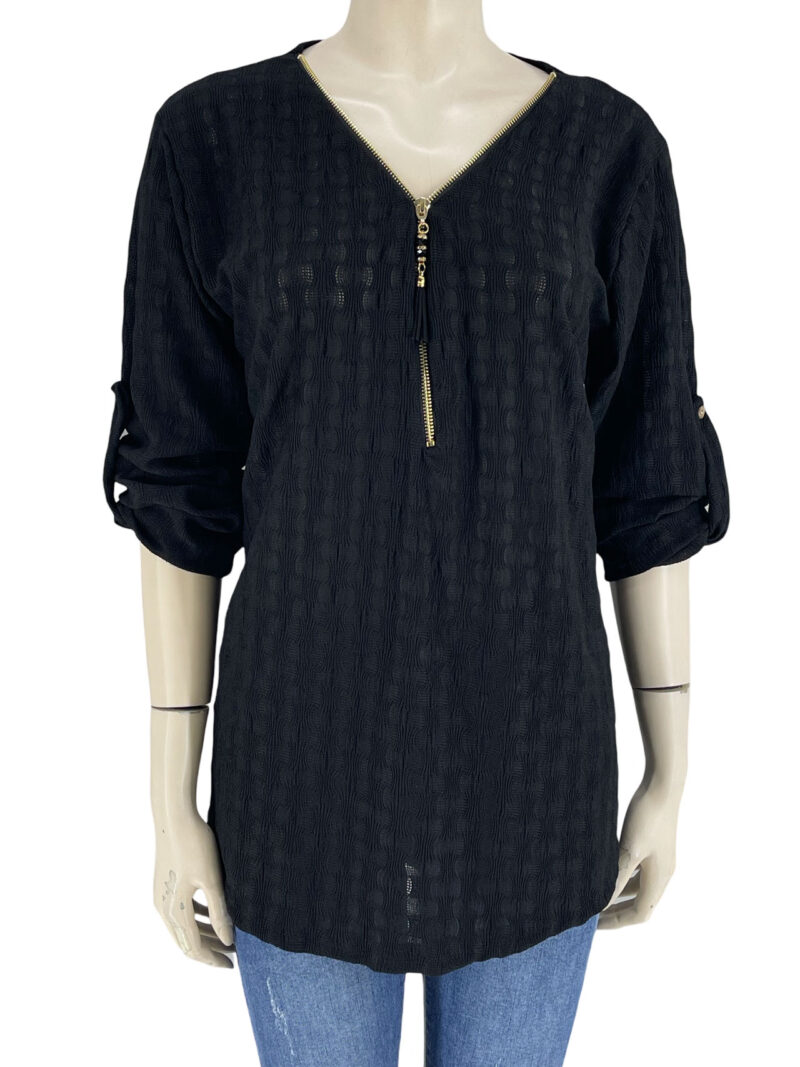 Μπλούζα μονόχρωμη V με φερμουάρ και γυριστό μανίκι-μαύρο