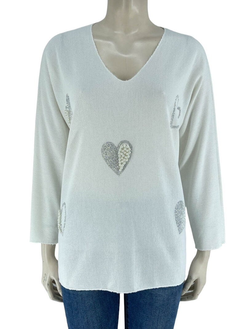 Μπλούζα γυναικεία V με στρας και πέρλες-λευκό