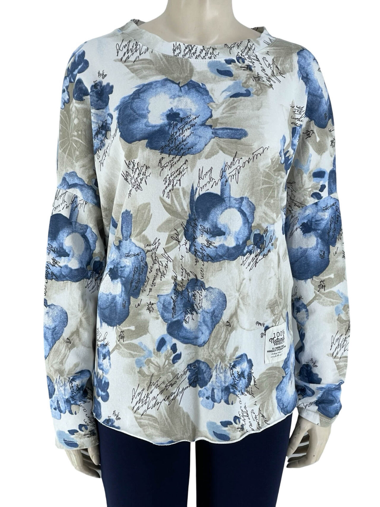 Μπλούζα εμπριμέ βαμβακερή λαιμόκοψη-λευκό