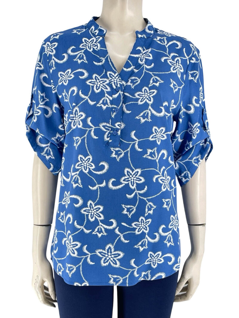 Μπλούζα εμπριμέ με μάο γιακά και κουμπάκια-ίντιγκο