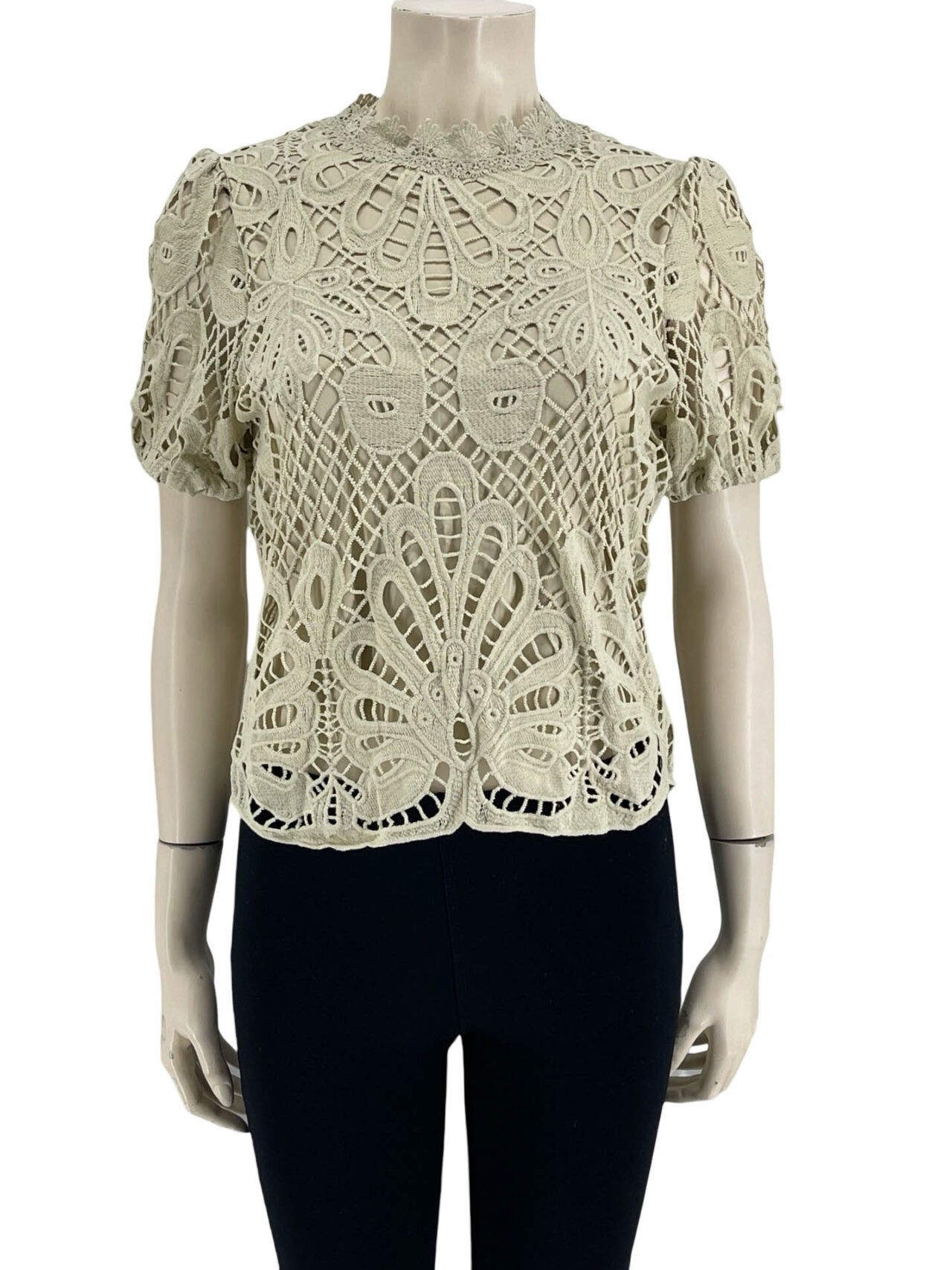 Μπλούζα μπροντερί μονόχρωμη με κοντό μανίκι-μπεζ