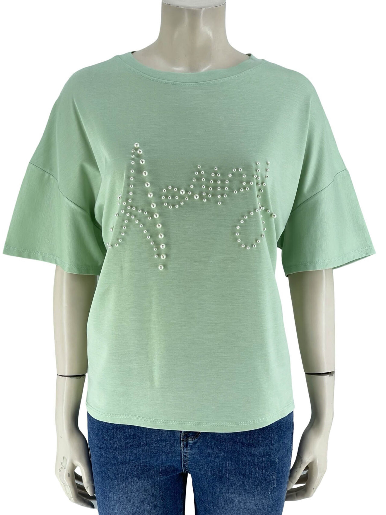 Μπλούζα μονόχρωμη με τύπωμα πέρλες-μέντα