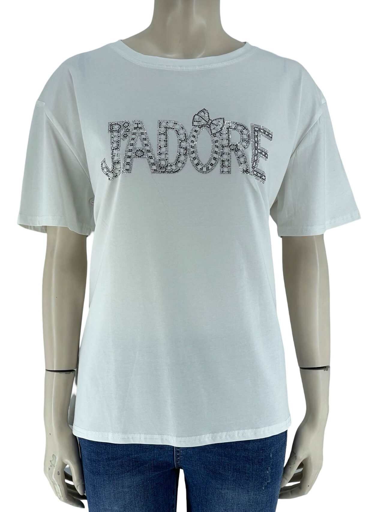 Μπλούζα μονόχρωμη με στάμπα στρας-λευκό