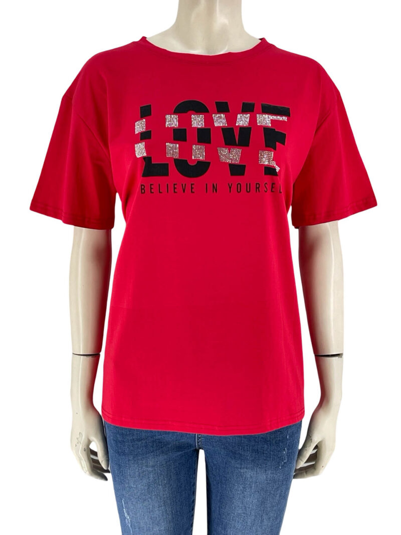 Μπλούζα βαμβακερή μονόχρωμη με τύπωμα-κόκκινο