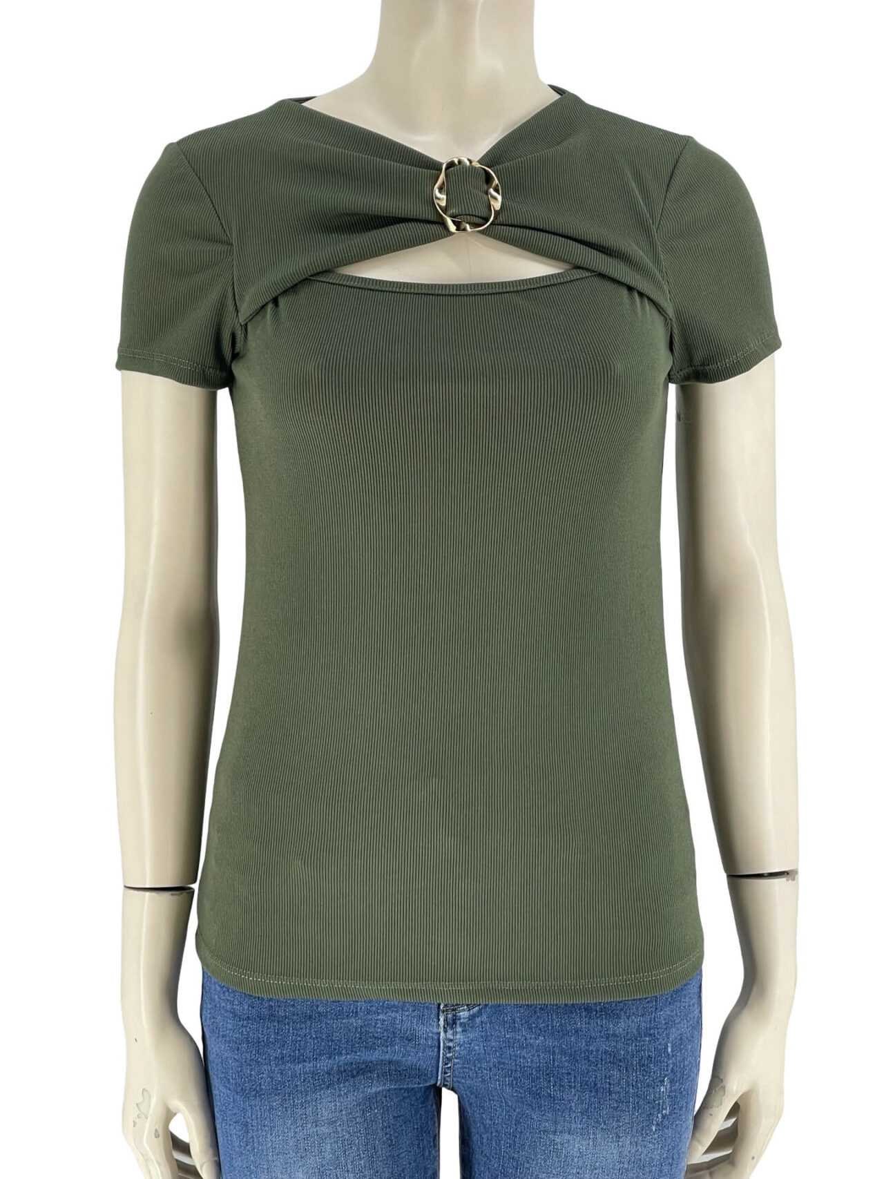 Μπλούζα ριπ μονόχρωμη με αγκράφα-χακί