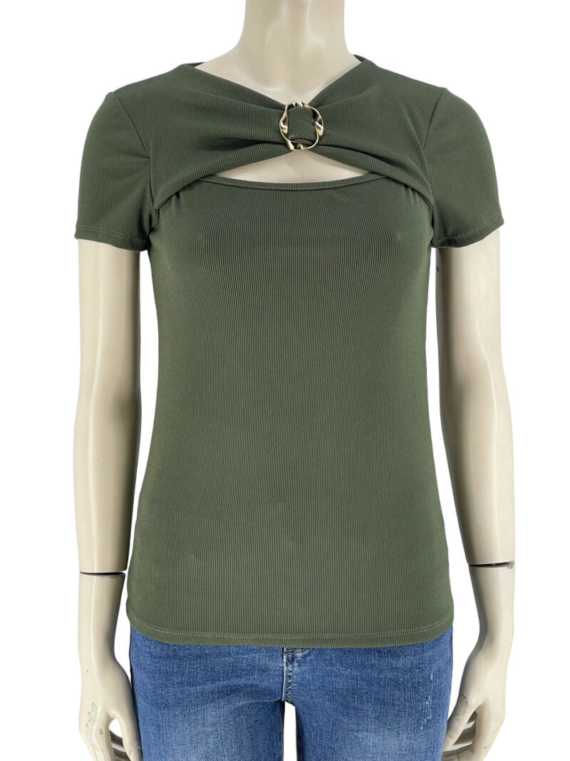 Μπλούζα ριπ μονόχρωμη με αγκράφα-χακί