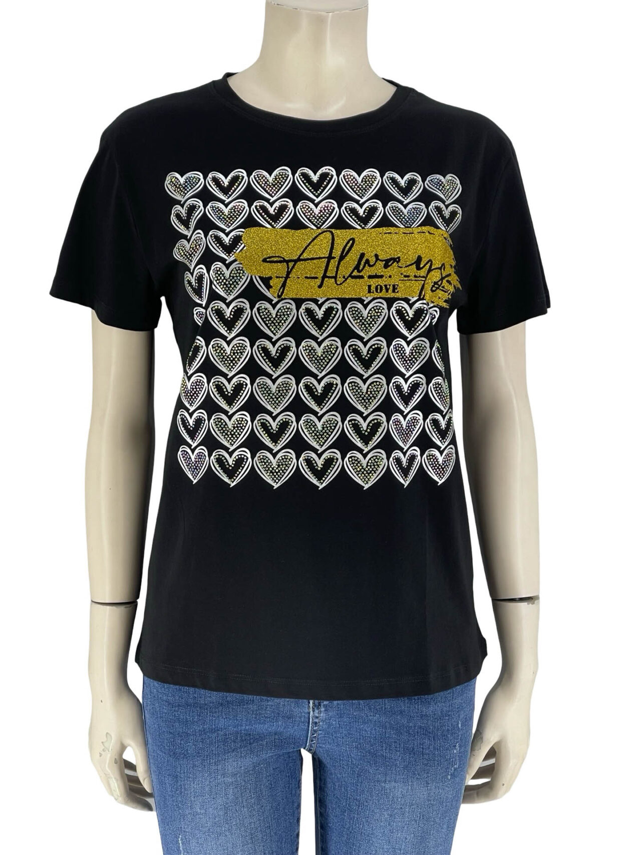 T-Shirt με τύπωμα και στρας-μαύρο