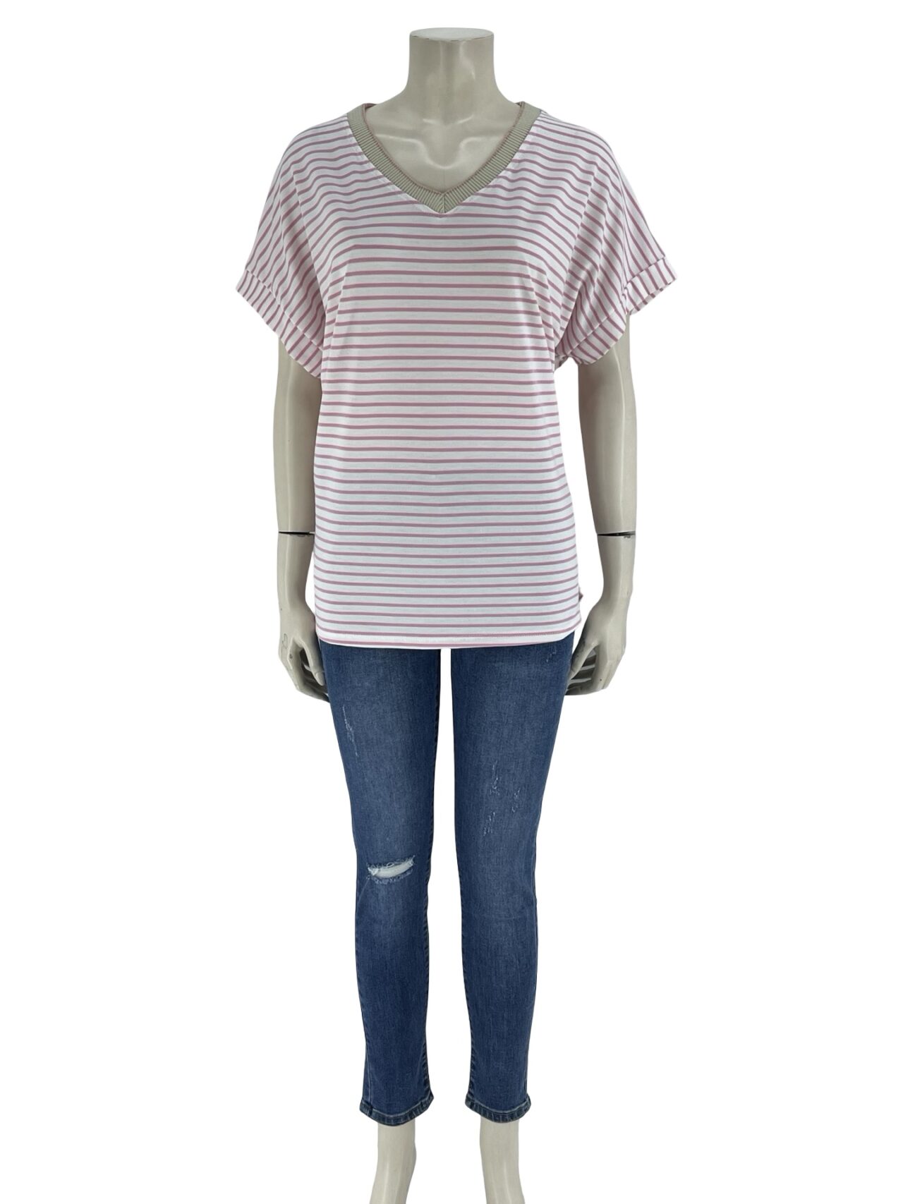 Μπλούζα ριγέ με λούρεξ στο V-ροζ