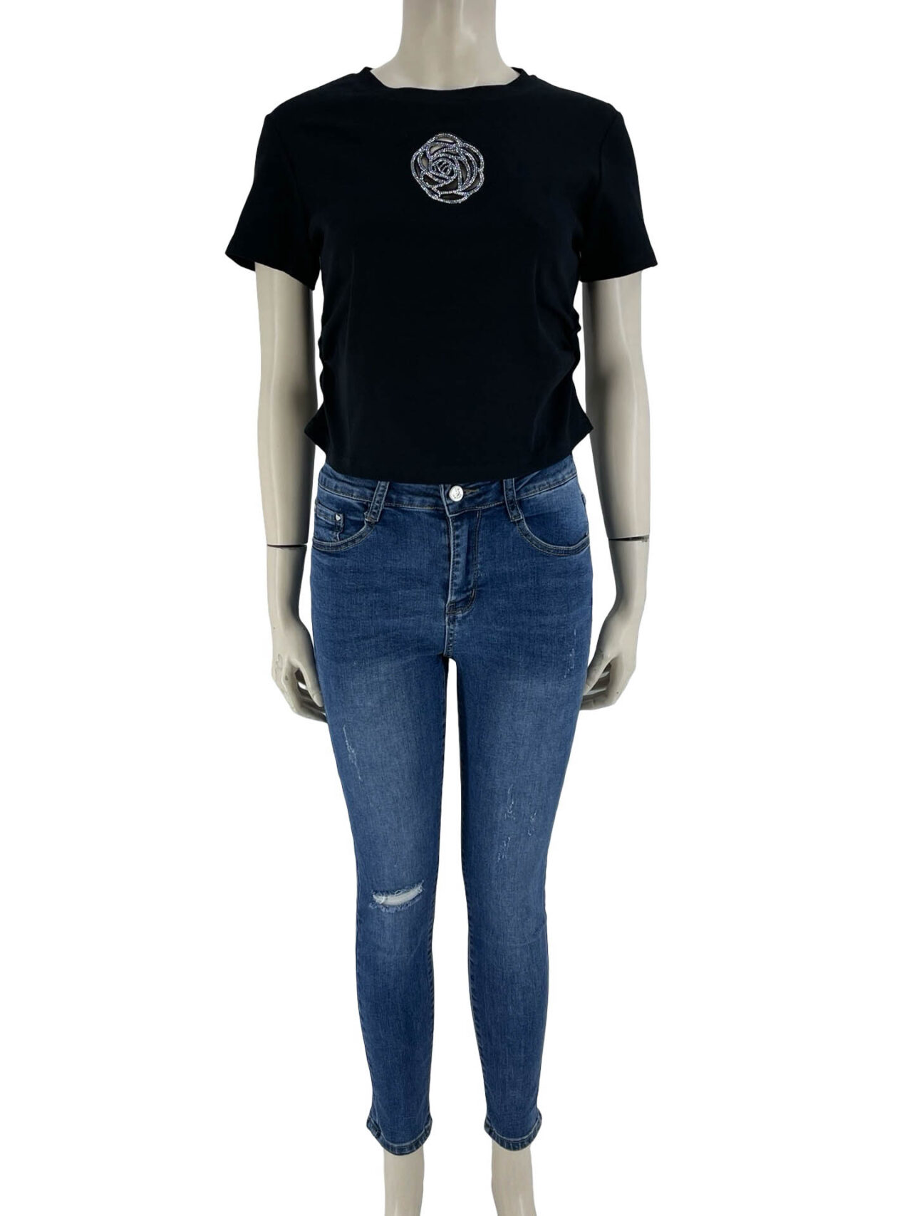 T-shirt μονόχρωμο με στρας και σούρες-μαύρο