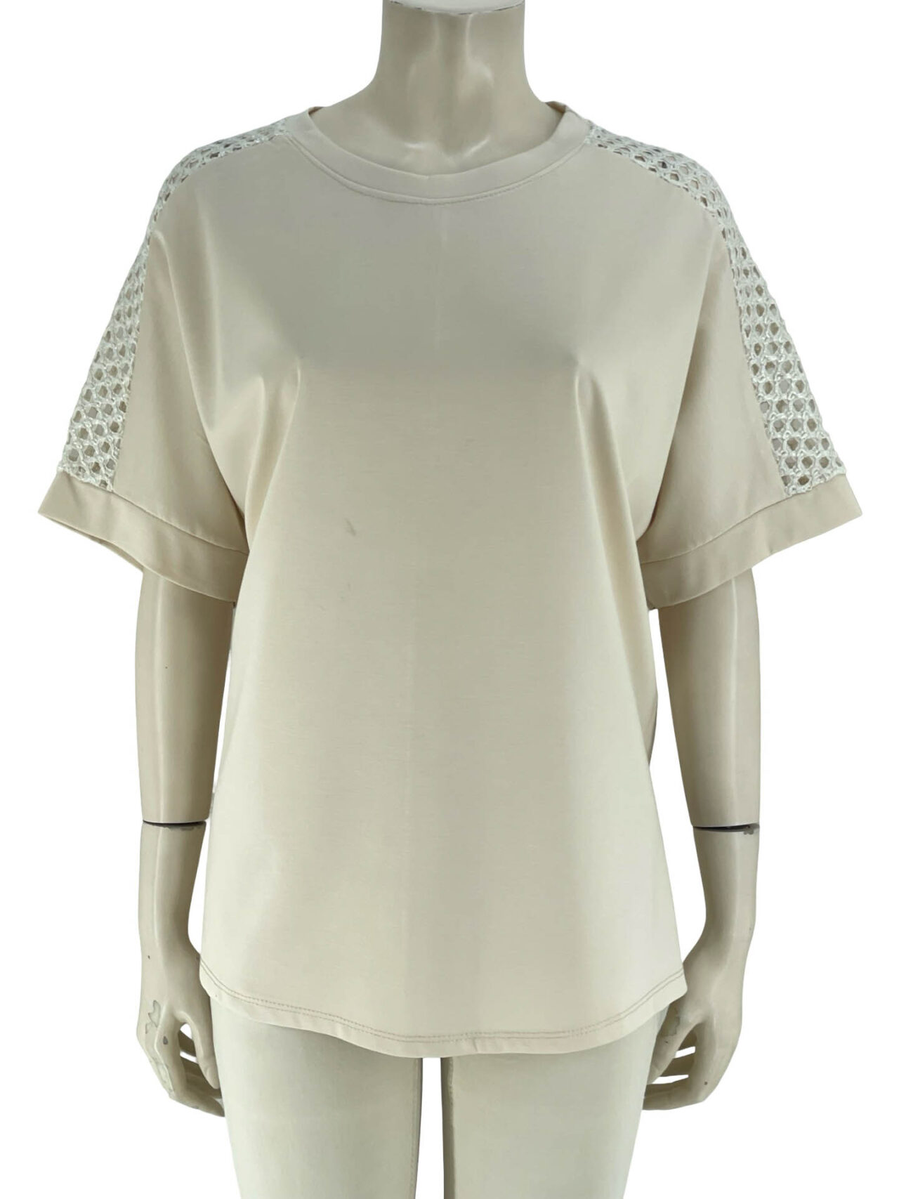 Μπλούζα μονόχρωμη με δίχτυ στους ώμους-μπεζ