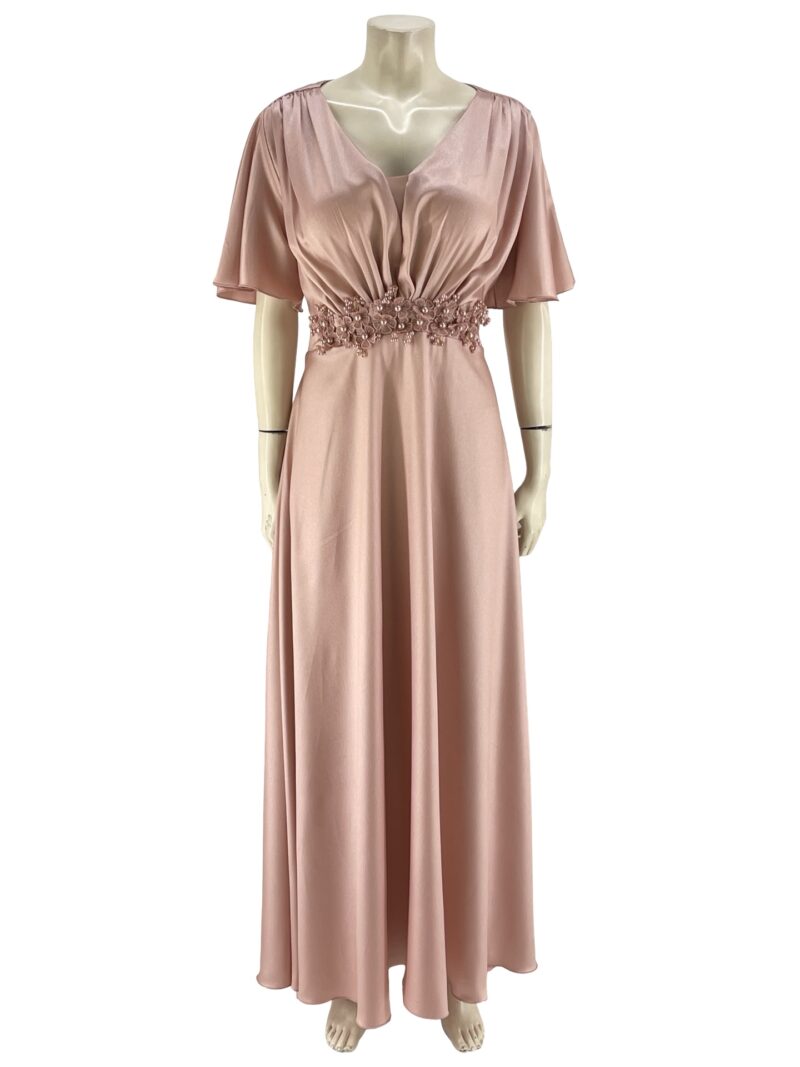 Φόρεμα maxi σατέν με πέρλες στην ζώνη-ροζ