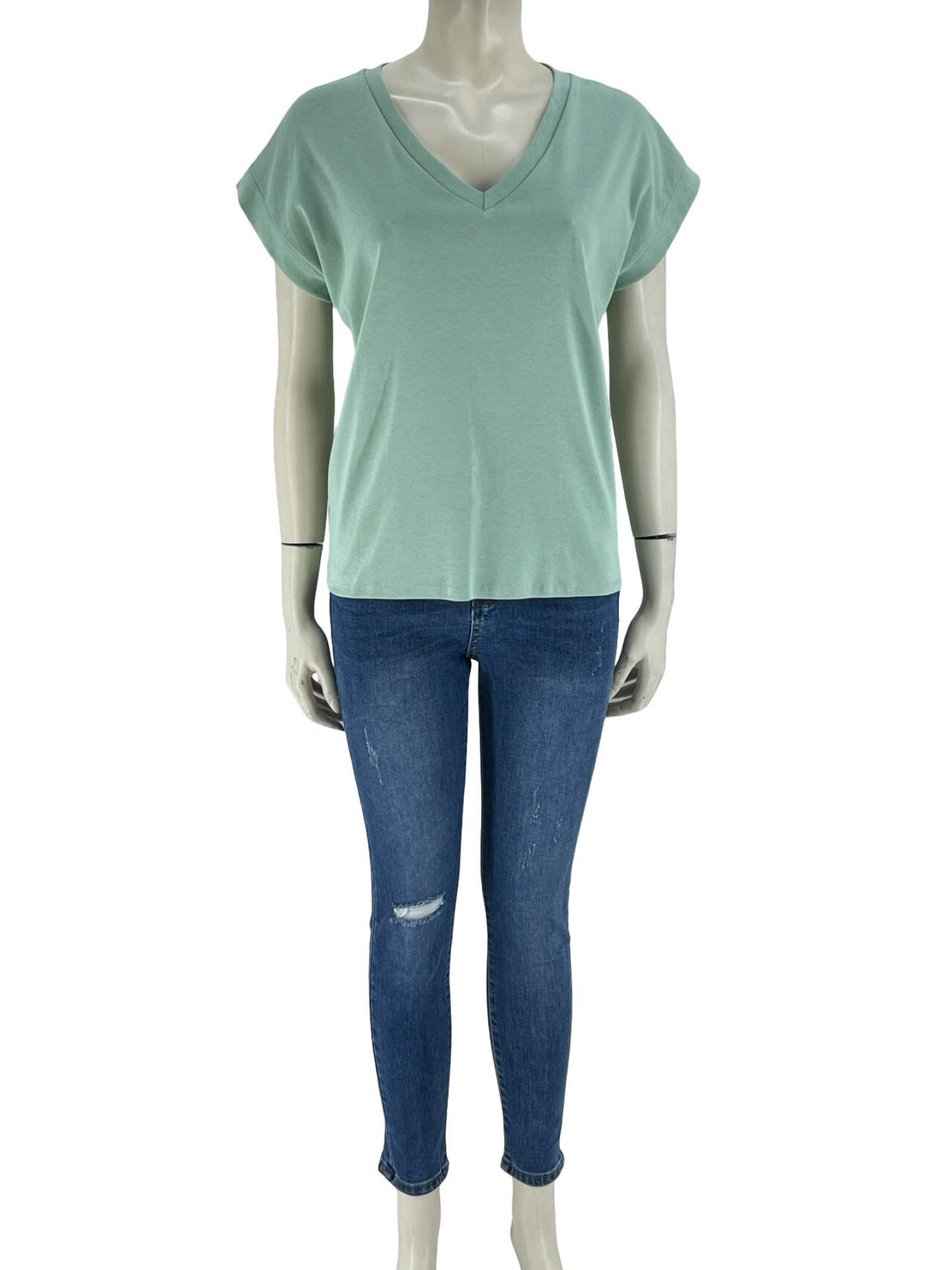 Μπλούζα V μονόχρωμη βαμβακερή-μέντα